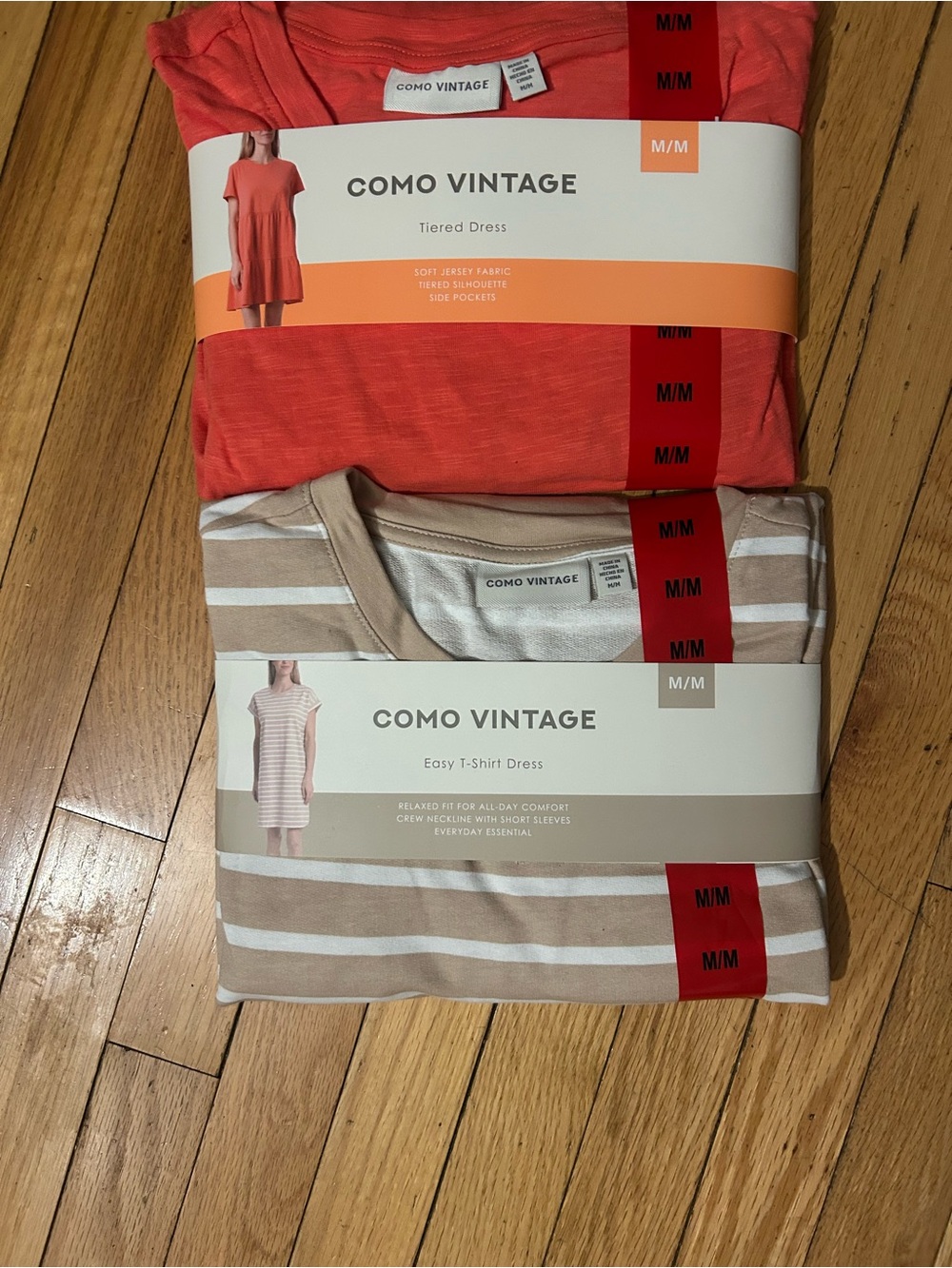 Como Vintage Coral Tee Dress & Beige-White Striped T-Shirt Dress